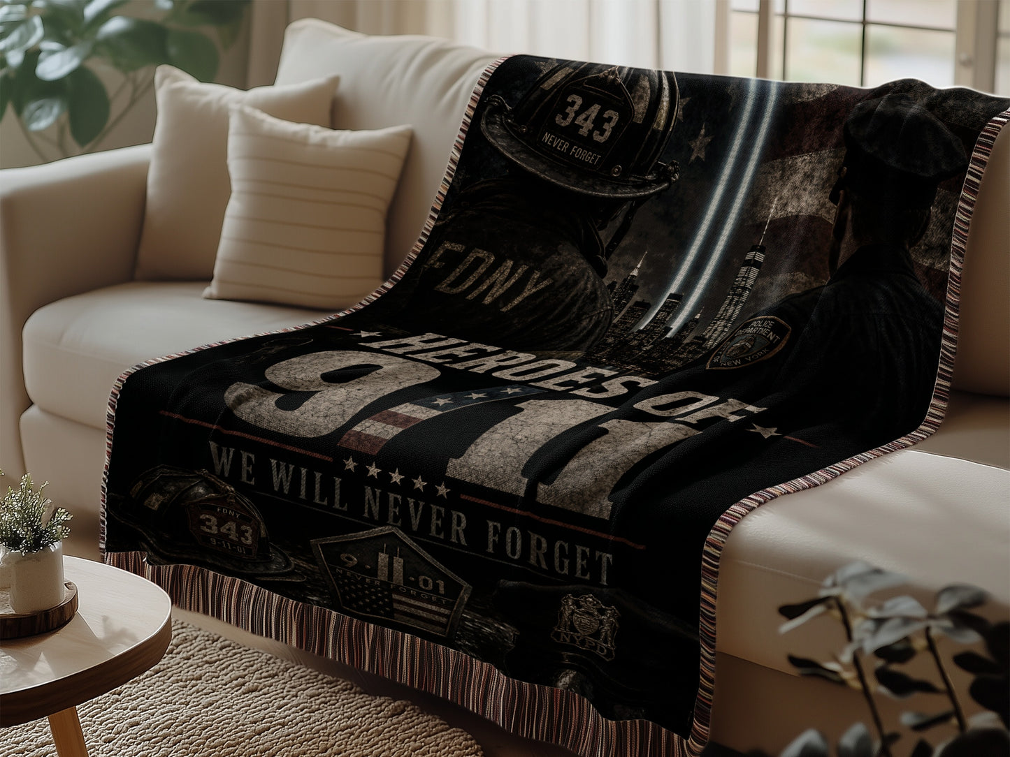 9/11 Heroes blanket with FDNY, NYPD, and WTC imagery.