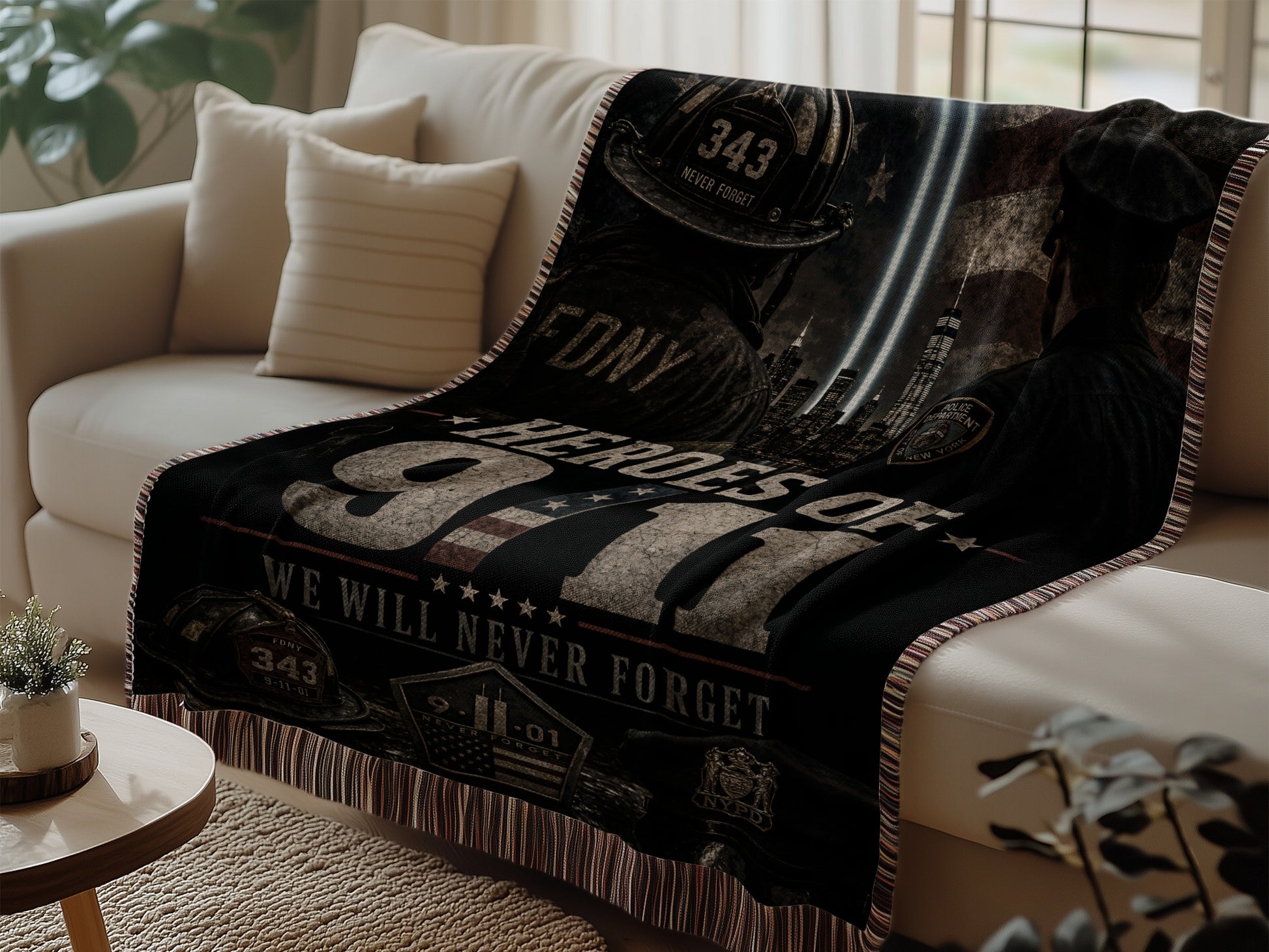 9/11 Heroes blanket with FDNY, NYPD, and WTC imagery.