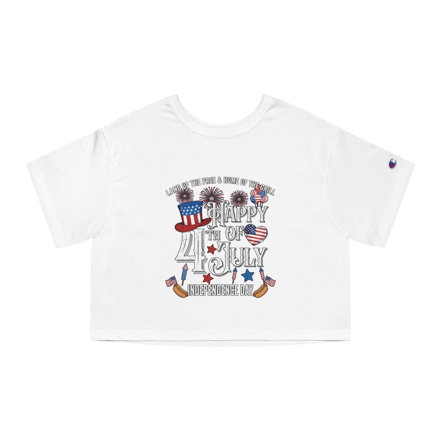 White t-shirt with "Happy 4th of July Independence Day" graphic and patriotic elements.