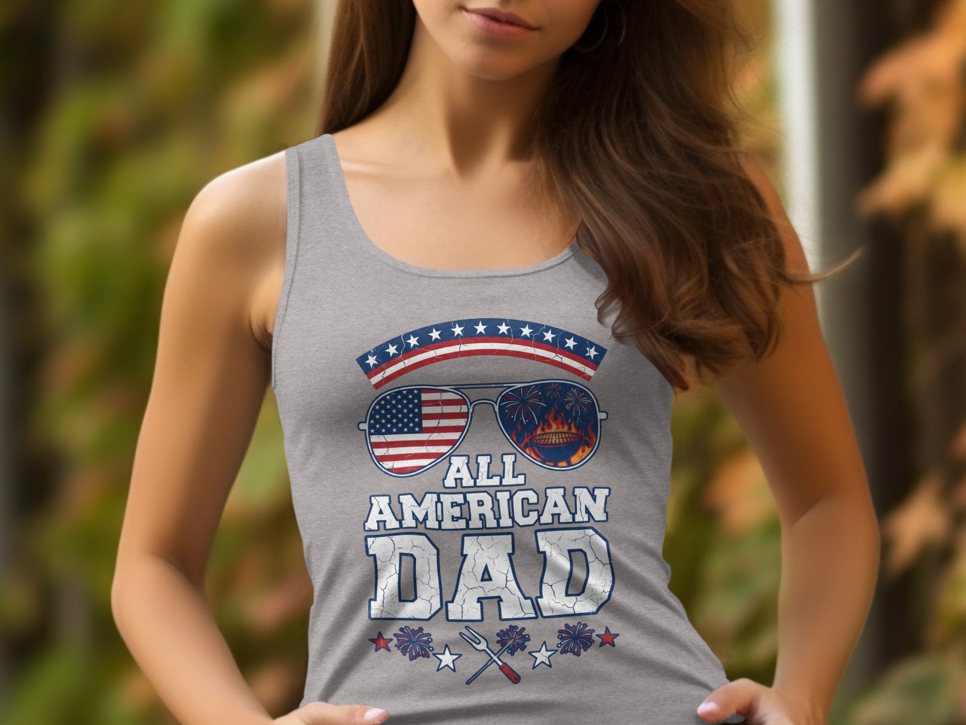 Gray tank top with "All American Dad" text and patriotic graphics.