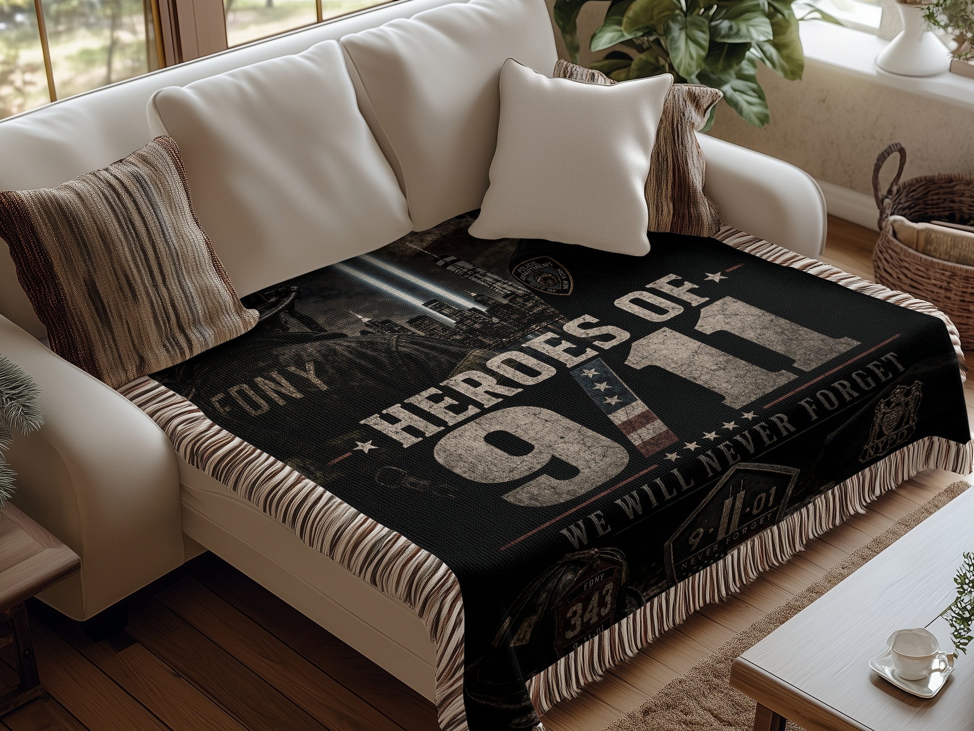 Black blanket with "Heroes of 9/11" and Twin Towers graphic.