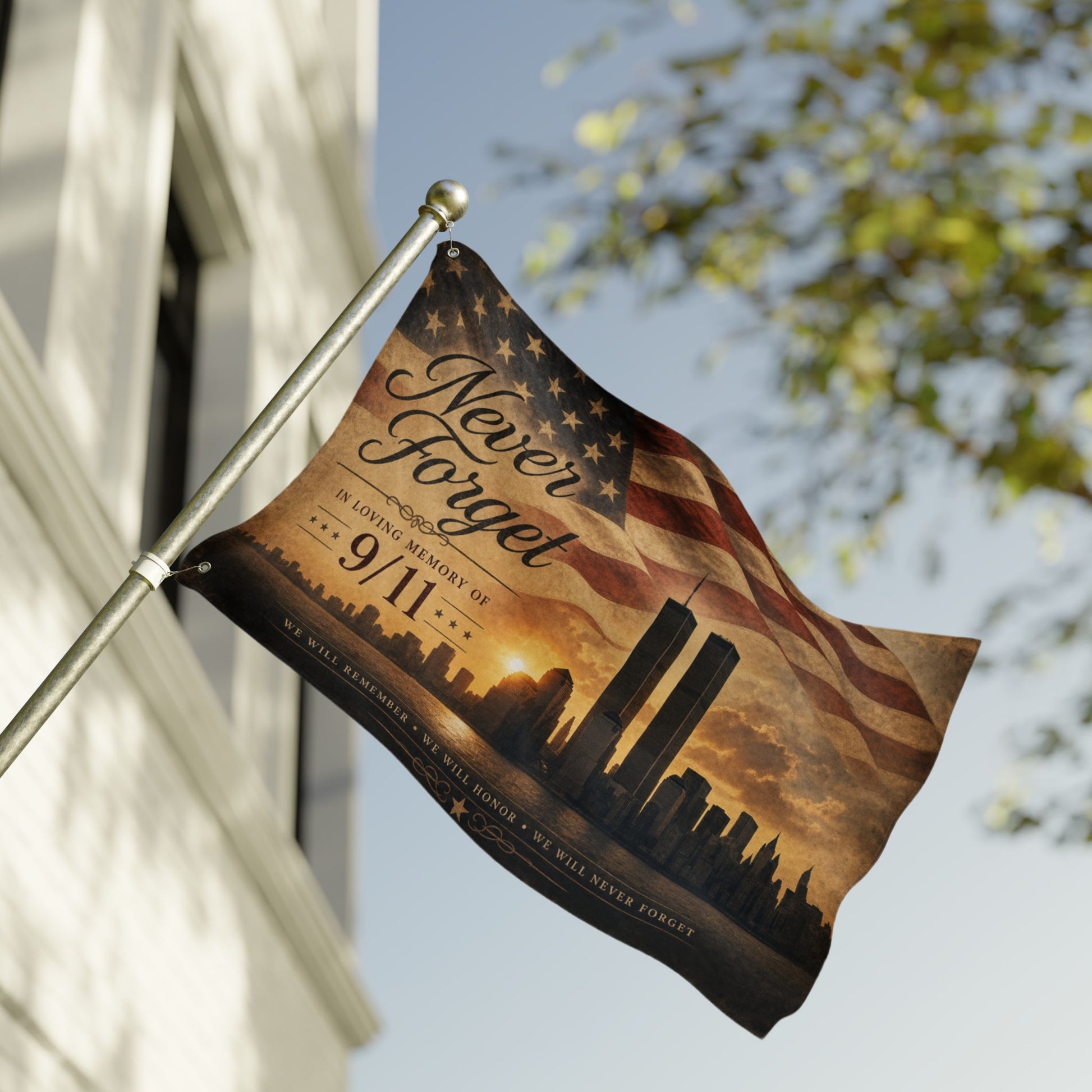 Flag with "Never Forget 9/11" text, Twin Towers, and American flag design.