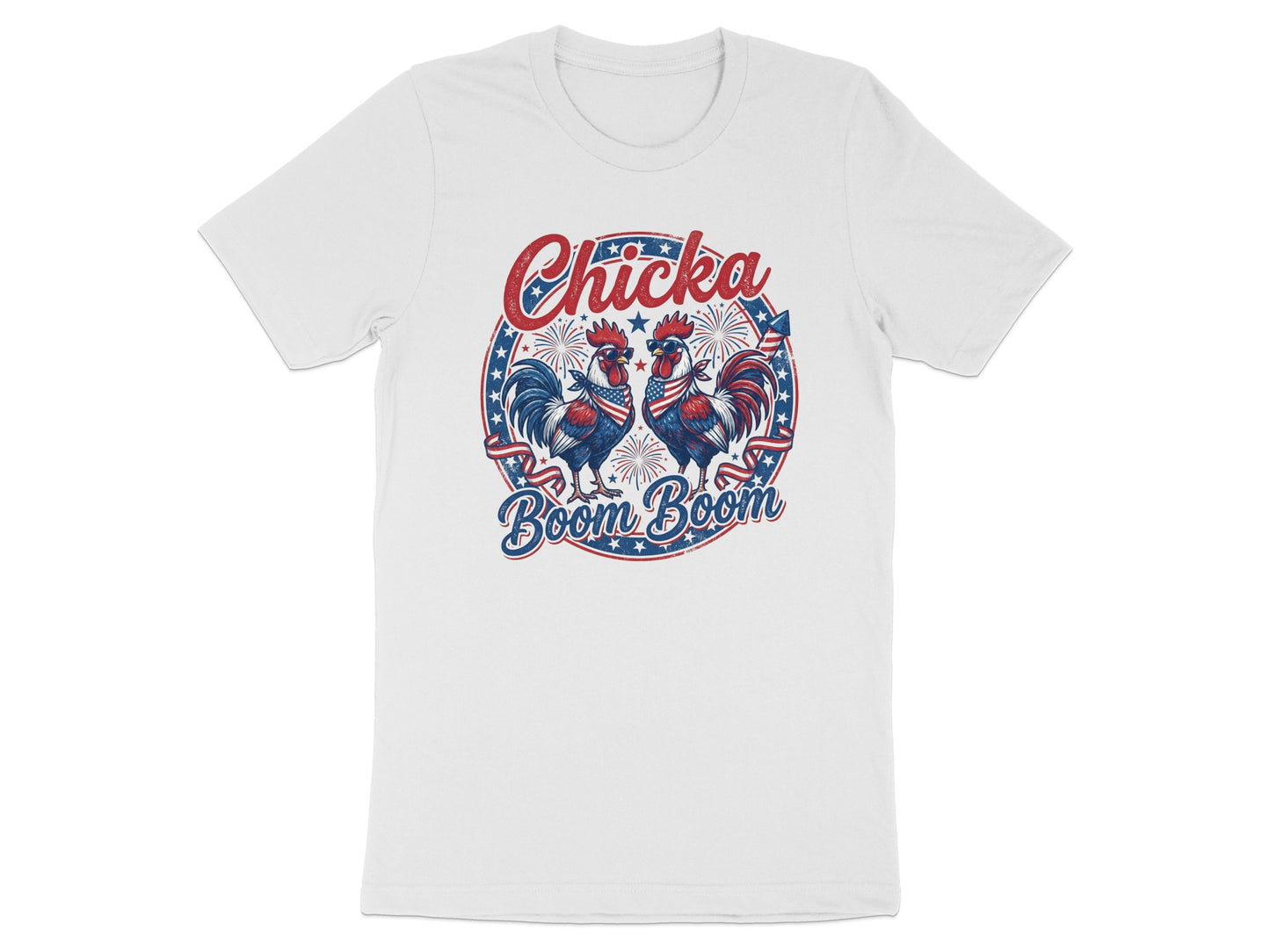 White t-shirt with two roosters, stars, and "Chicka Boom Boom" text.