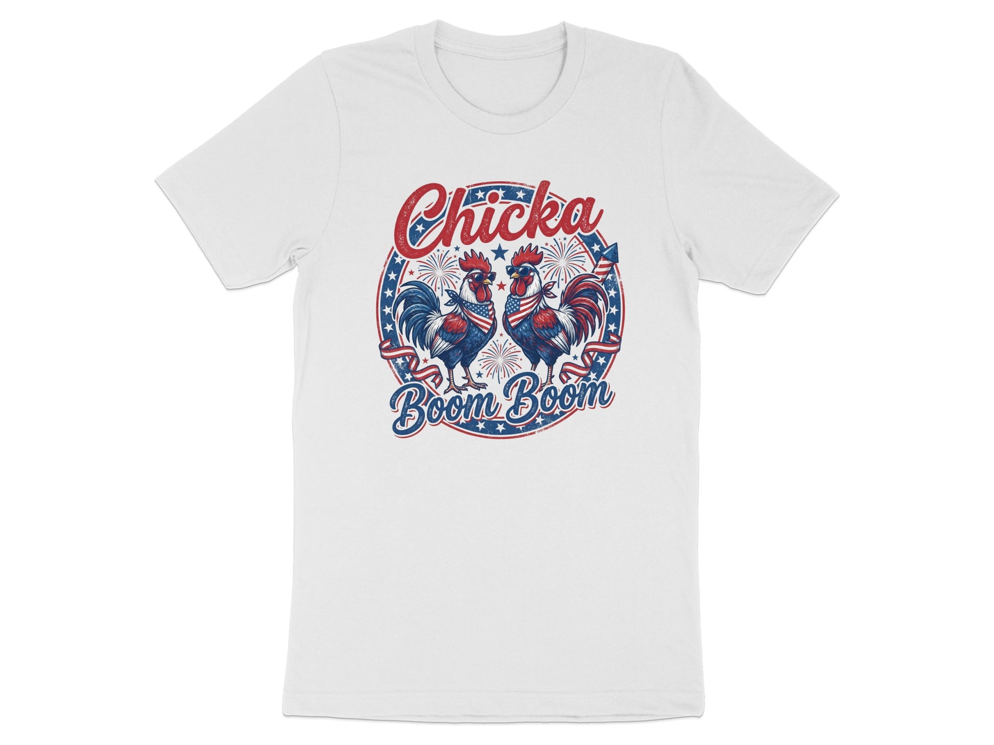 White t-shirt with two roosters, stars, and "Chicka Boom Boom" text.