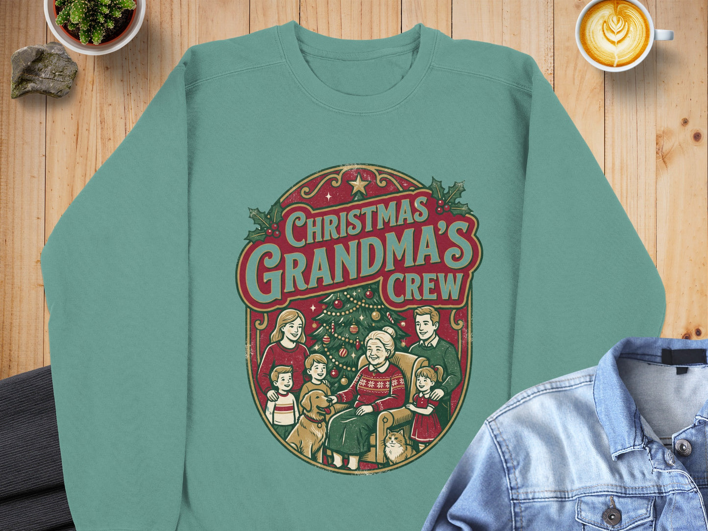Crewneck sweatshirt with "Christmas Grandma's Crew" graphic and family illustration.
