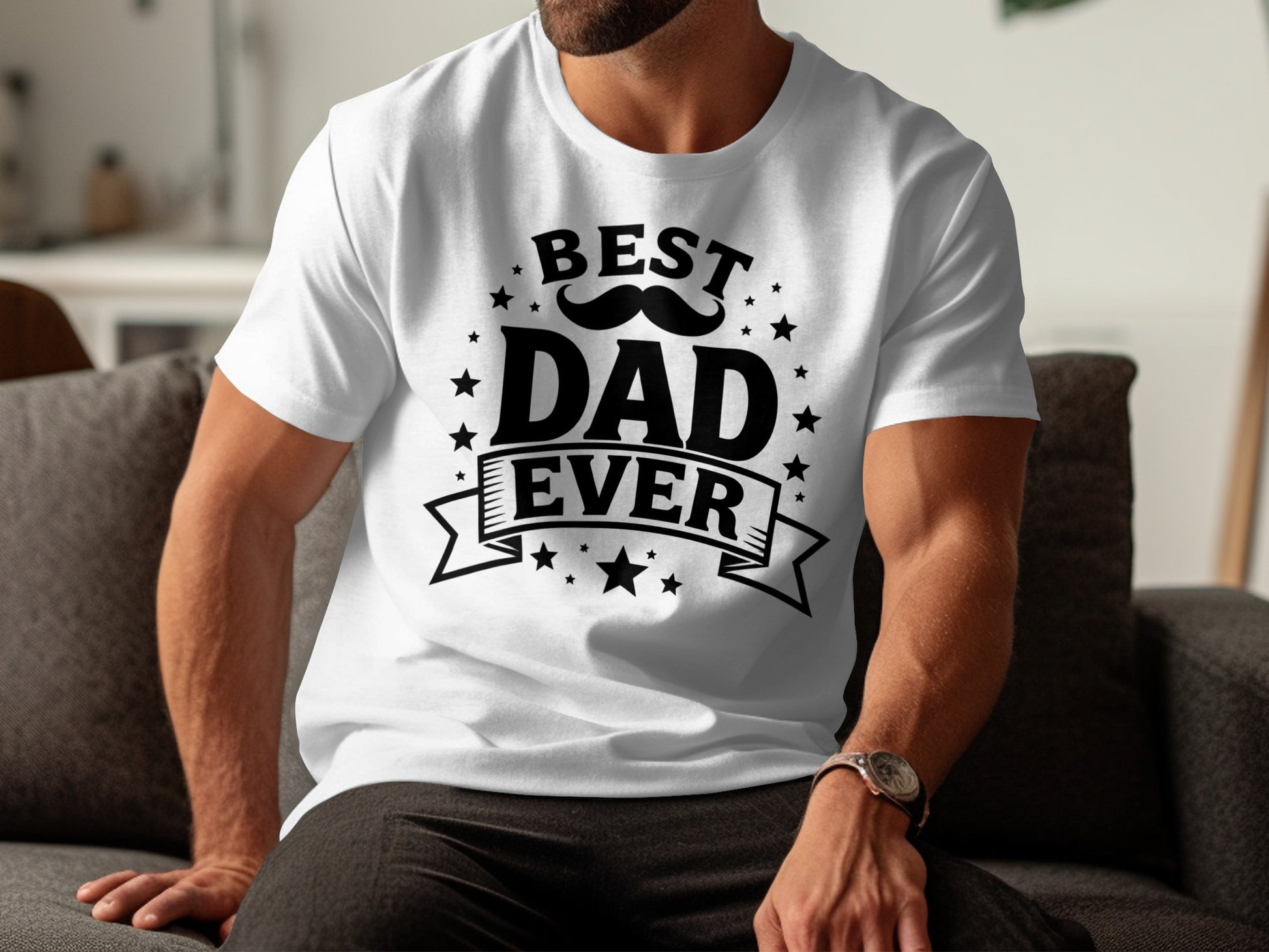 White t-shirt with "Best Dad Ever" text and mustache graphic.