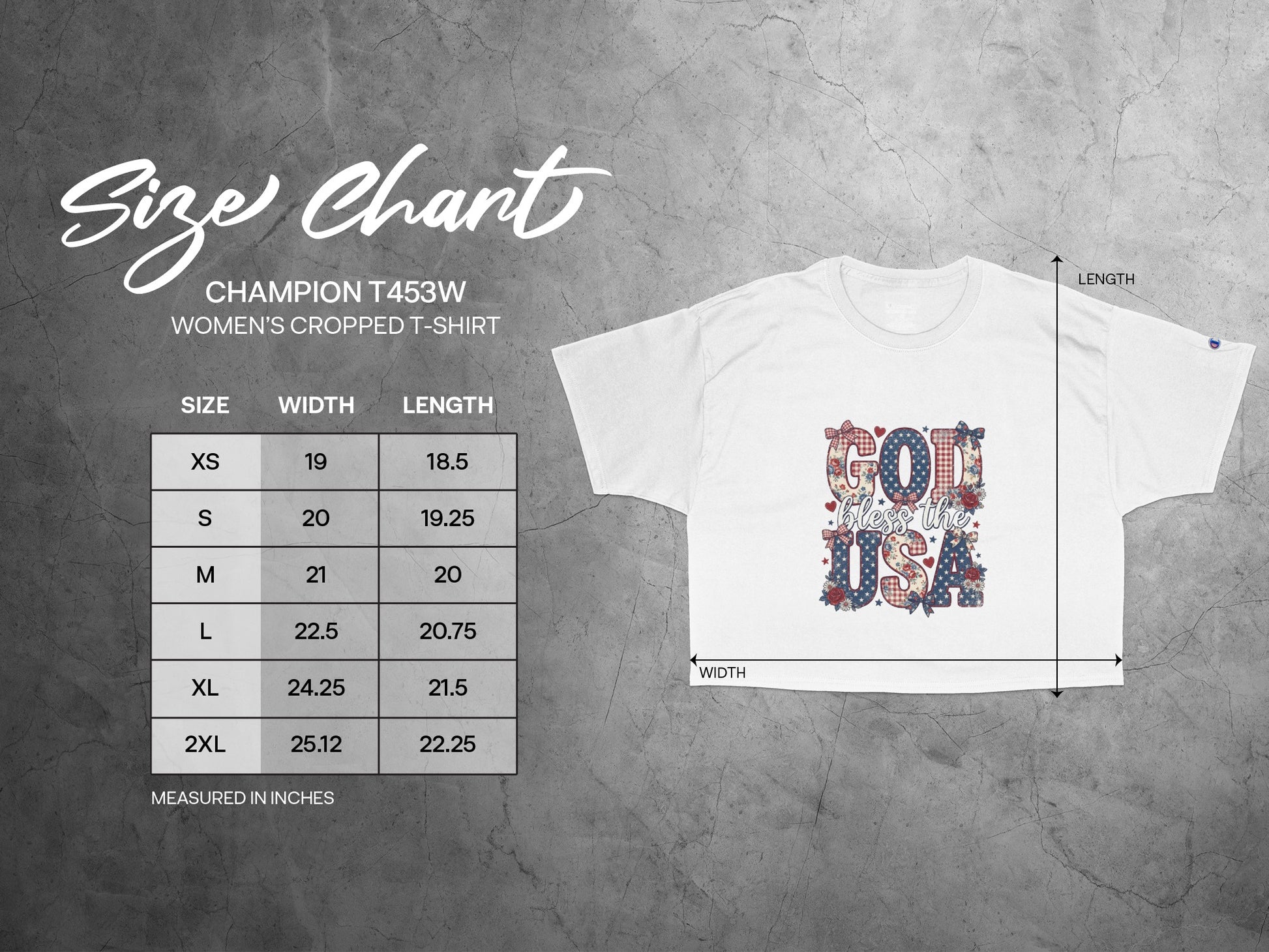 Champion T453W women's cropped t-shirt size chart with width and length measurements.