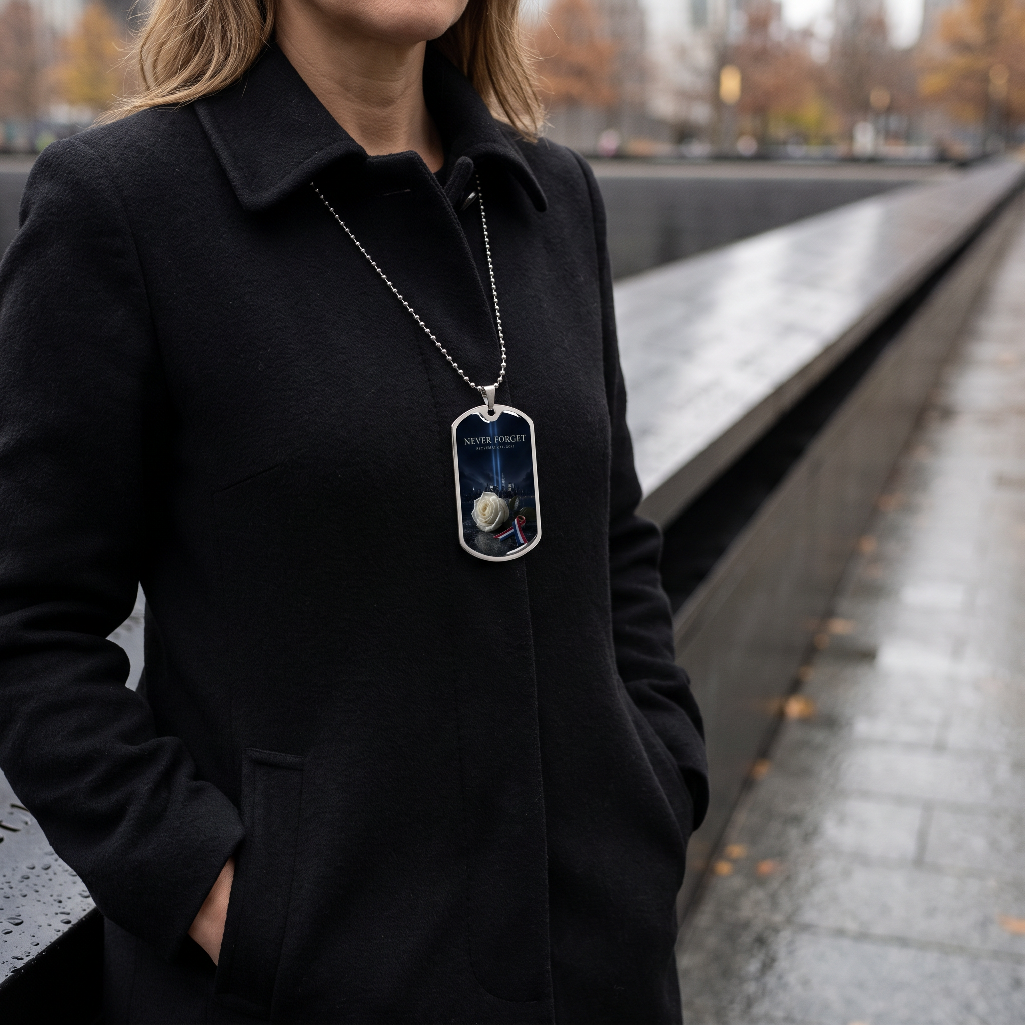 Woman wearing the 9/11 white rose memorial dog tag necklace beside a memorial reflecting pool