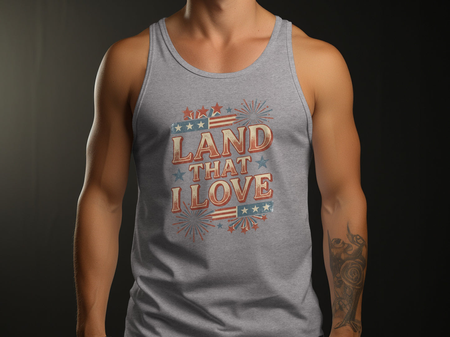 Grey tank top with "Land That I Love" text and American flag elements.