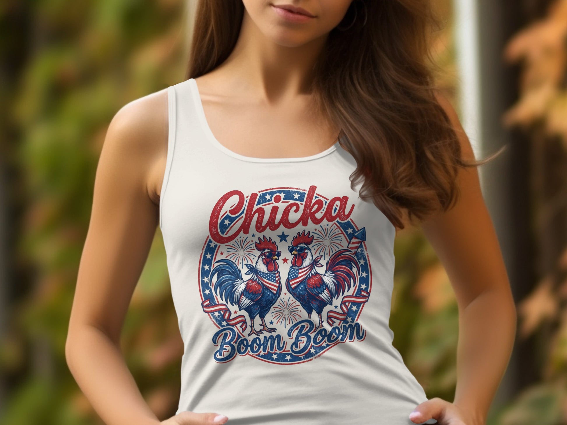 White tank top with two roosters in sunglasses and bandanas: Chicka Boom Boom