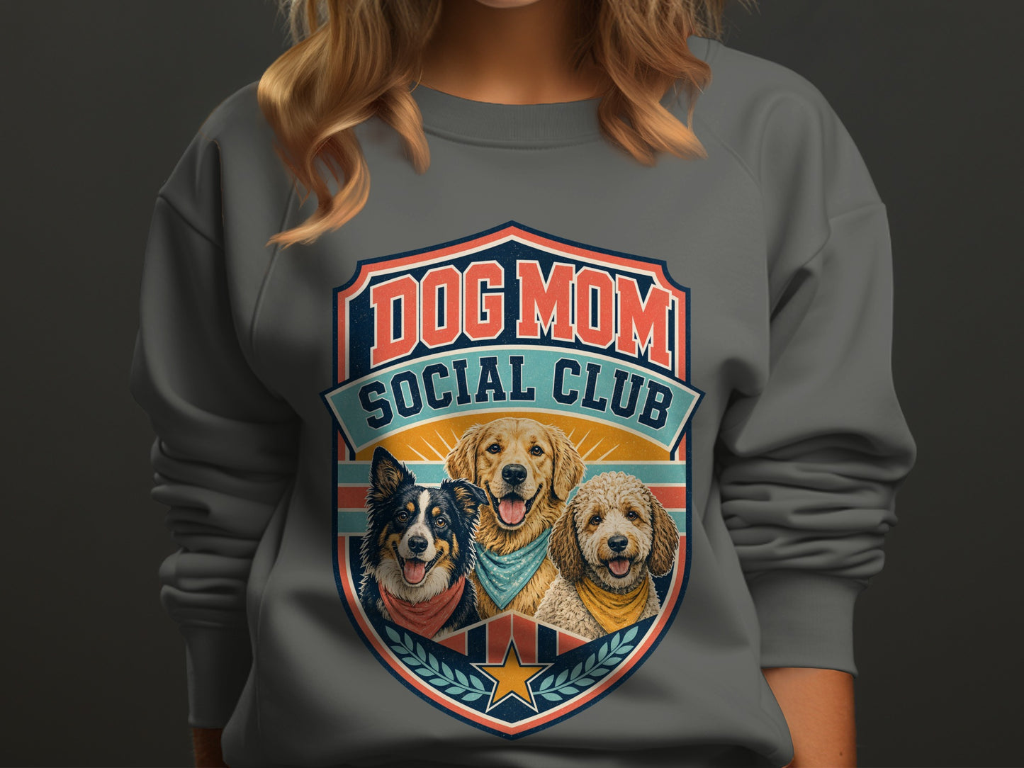 Dog Mom Social Club emblem featuring three dogs: Border Collie, Golden Retriever, and Poodle mix.