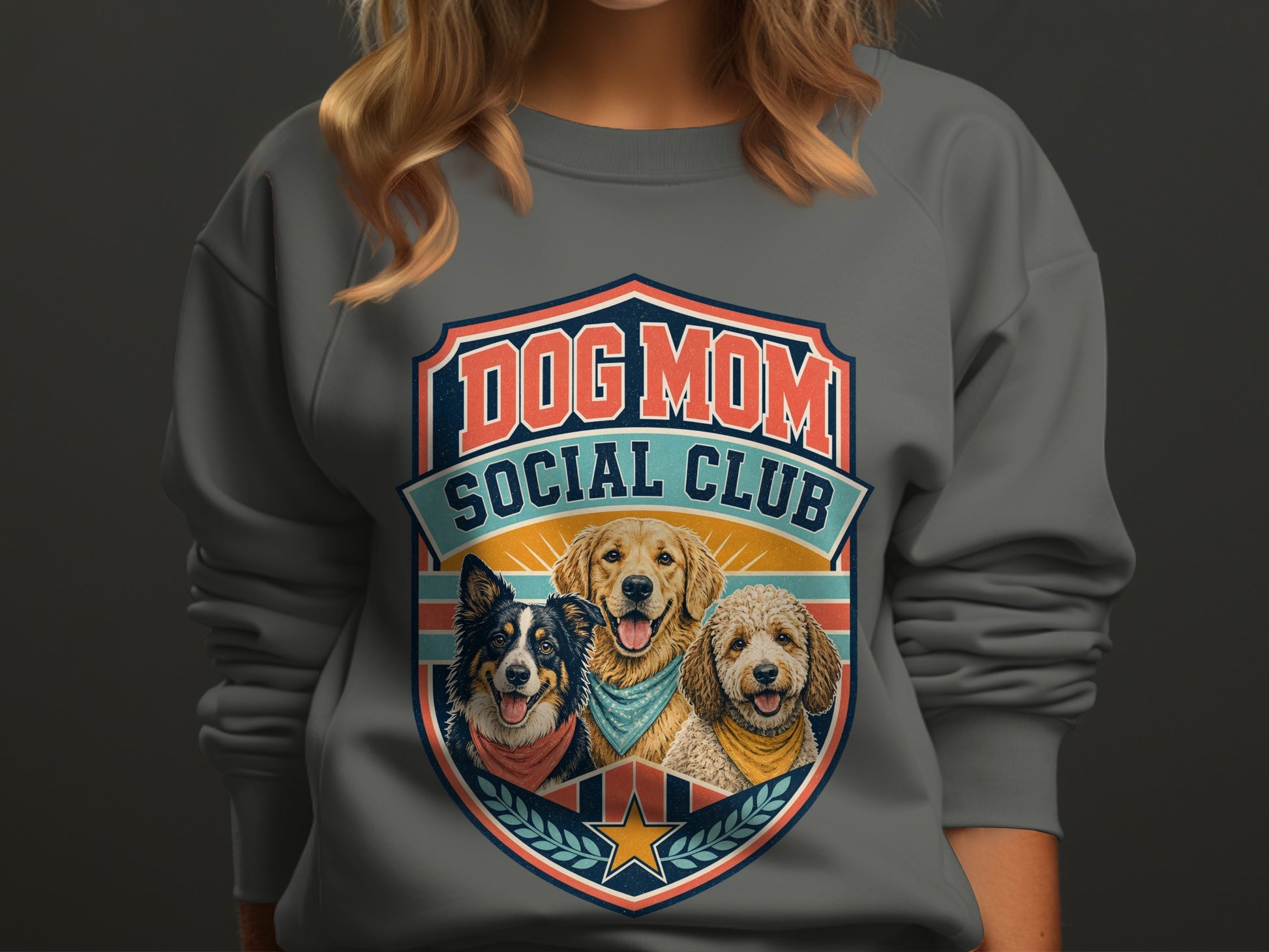 Dog Mom Social Club emblem featuring three dogs: Border Collie, Golden Retriever, and Poodle mix.