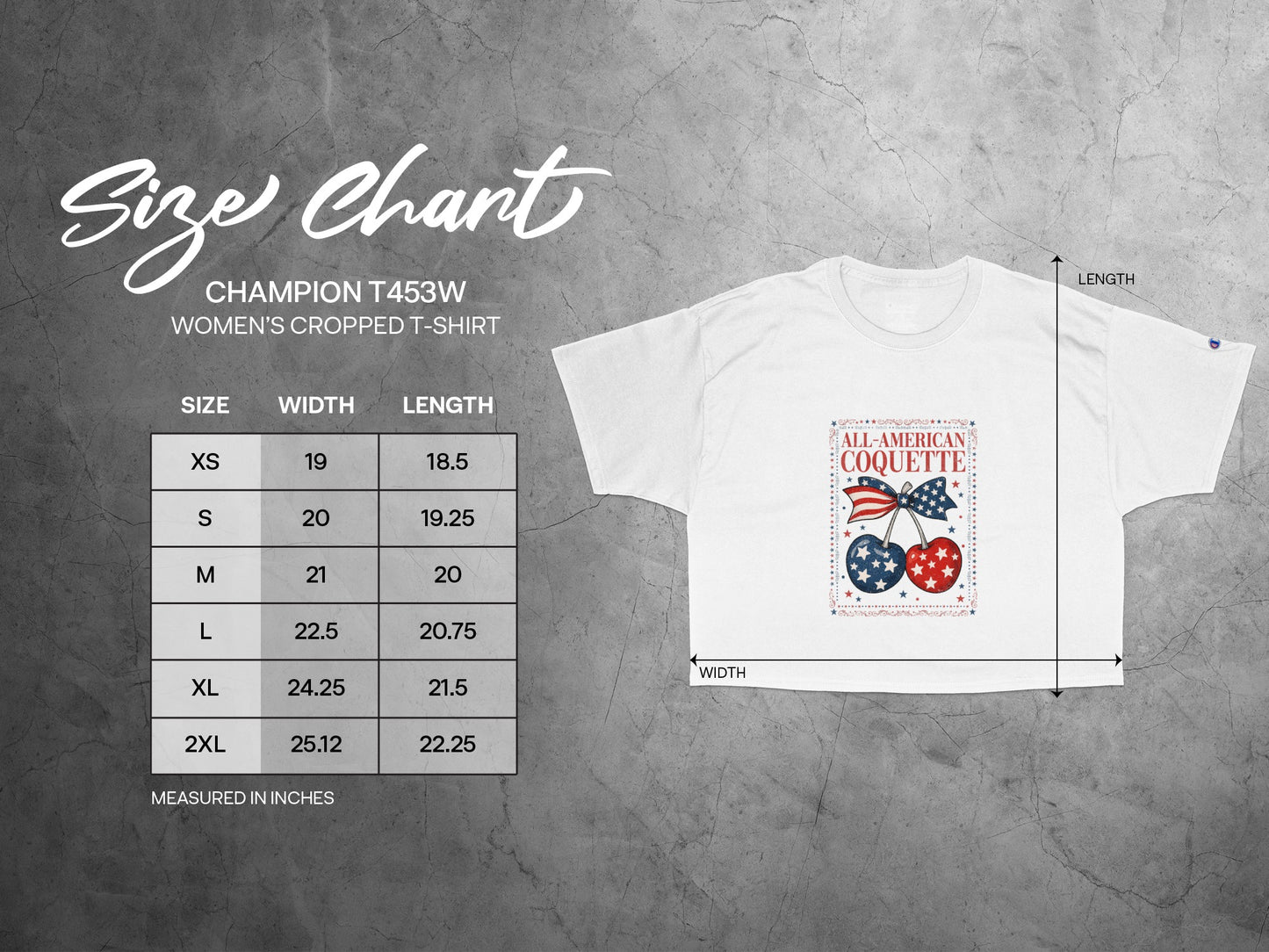 Champion T453W women's cropped t-shirt size chart with measurements.