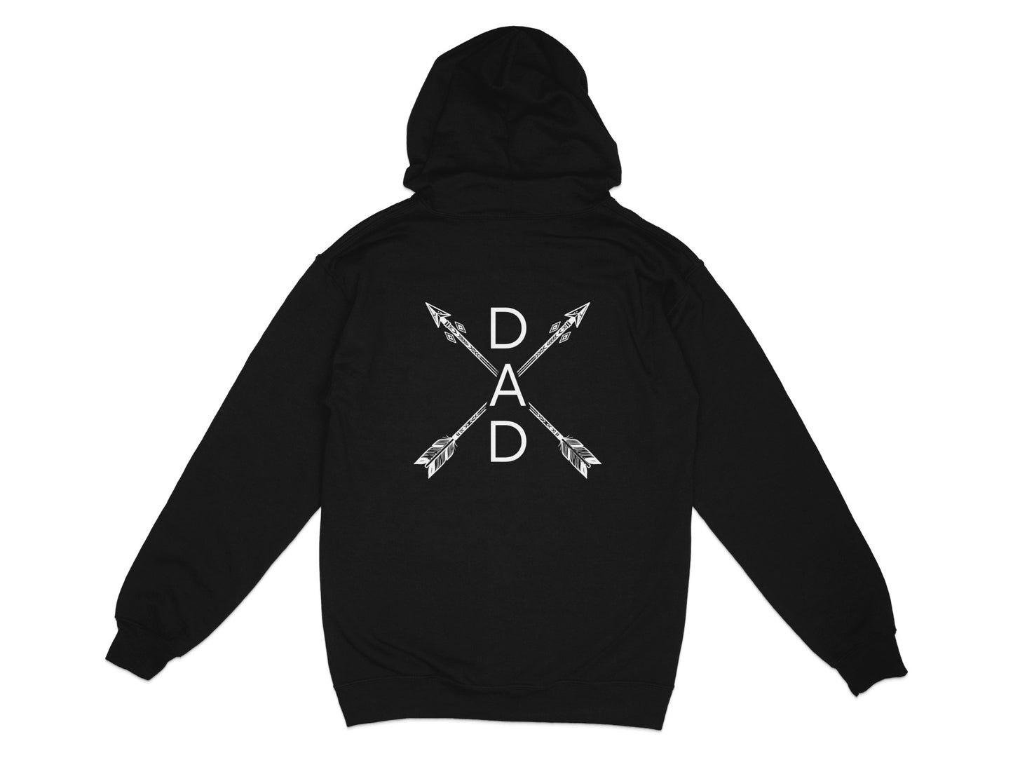 Black hoodie with "DAD" in white lettering between two crossed arrows.