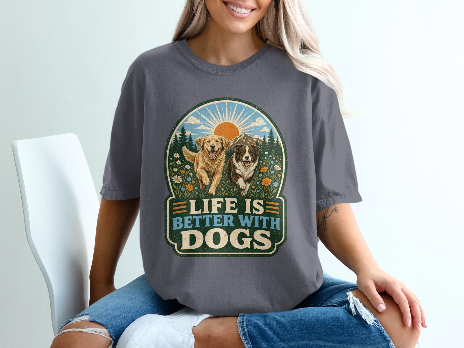 T-shirt graphic with two dogs and text "LIFE IS BETTER WITH DOGS".