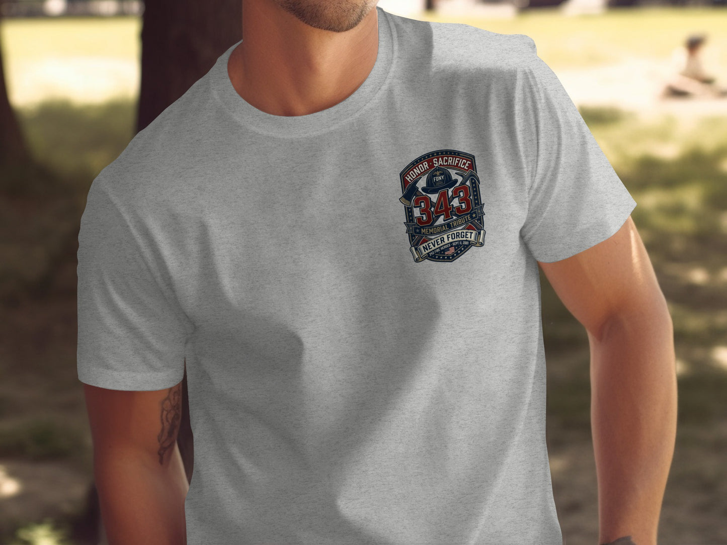 Grey t-shirt with "343 Memorial Tribute Never Forget" badge honoring FDNY heroes.