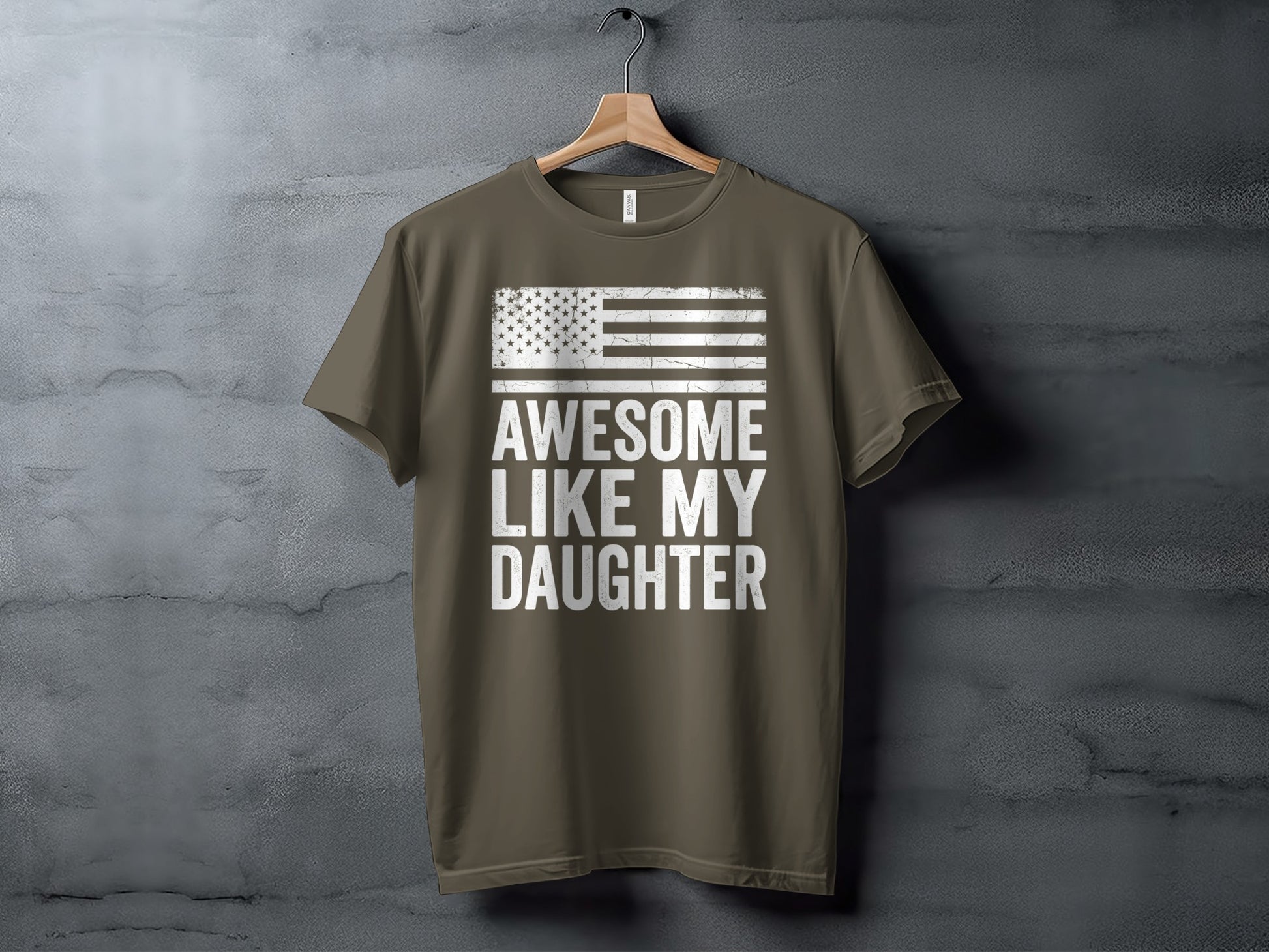 T-shirt with distressed American flag and text "Awesome Like My Daughter".