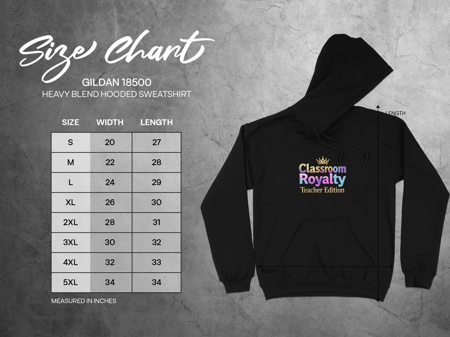 Gildan 18500 sweatshirt size chart with width and length measurements in inches.
