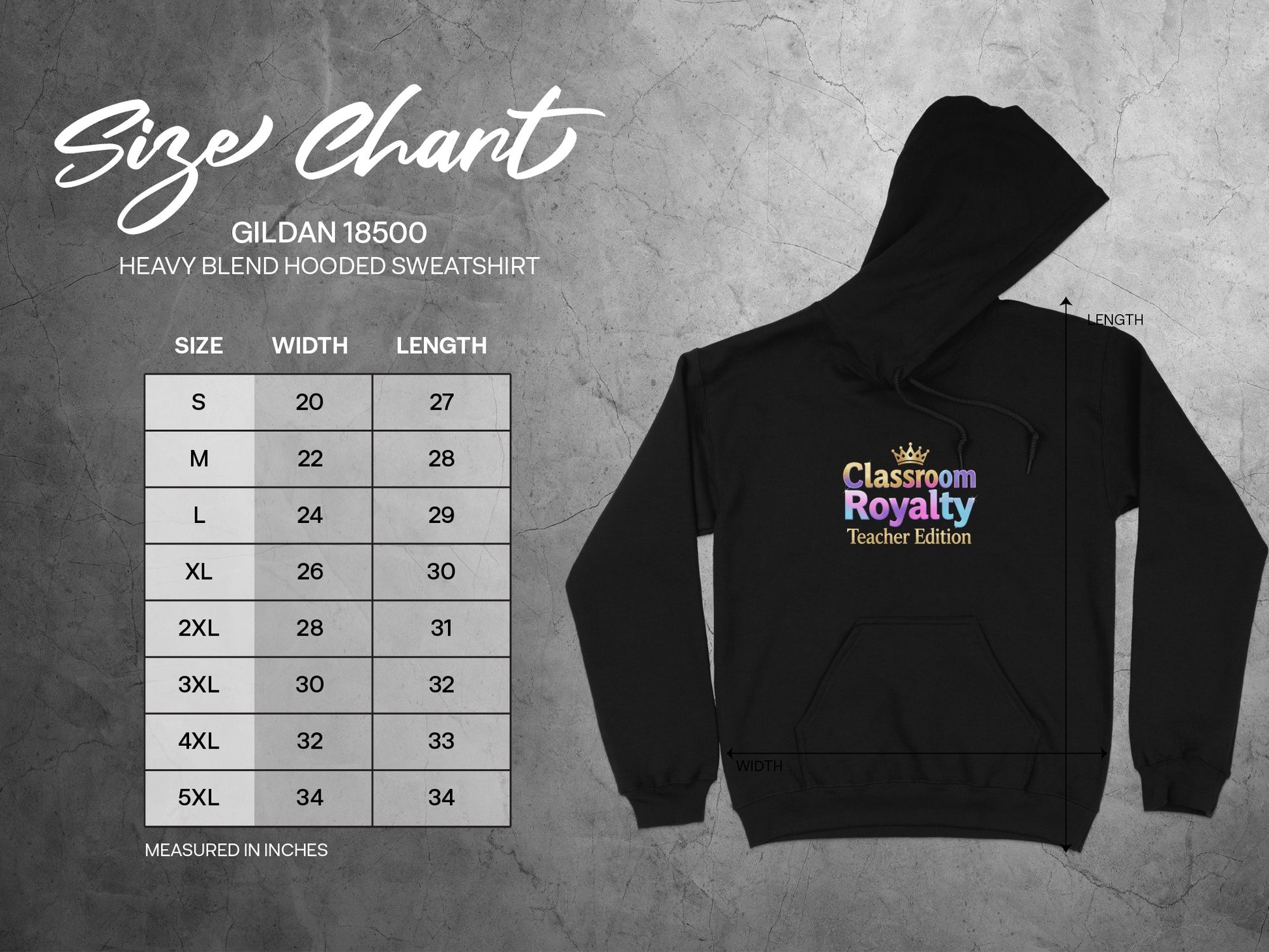 Gildan 18500 sweatshirt size chart with width and length measurements in inches.