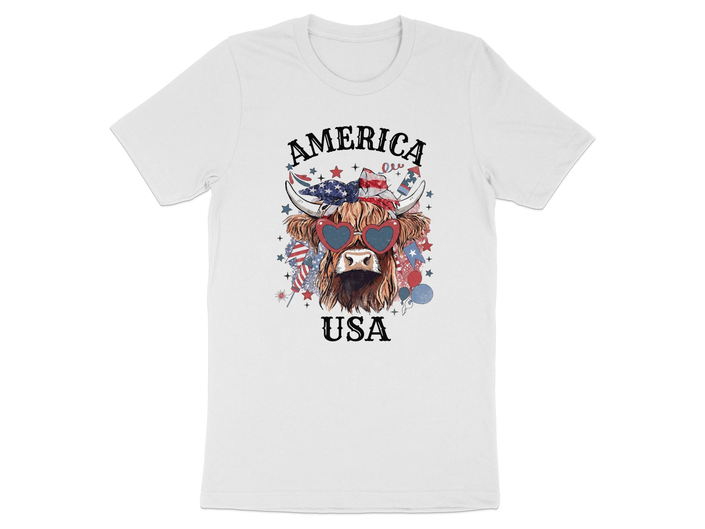Highland cow wearing heart sunglasses with USA flag and fireworks.