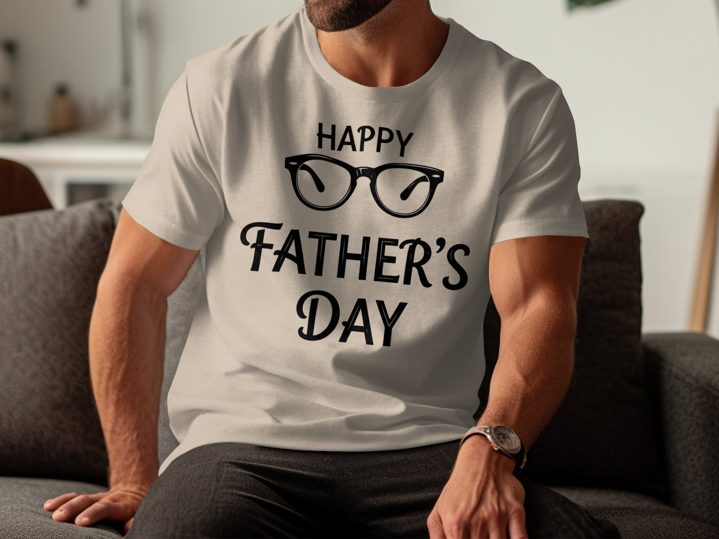 White t-shirt with "Happy Father's Day" and glasses graphic.