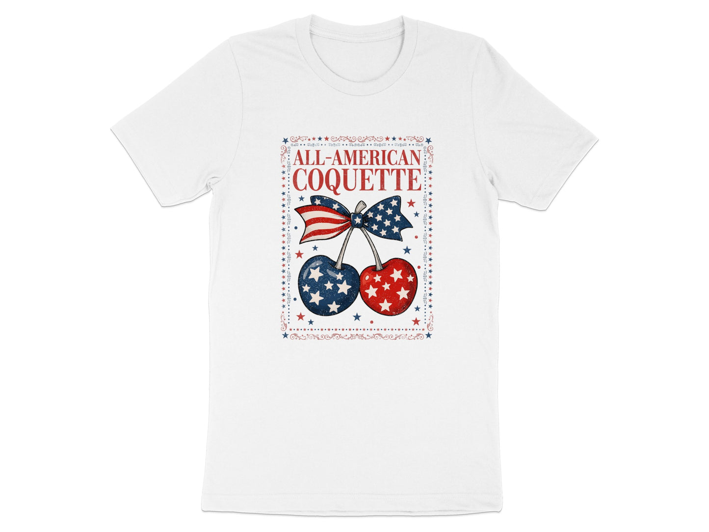 White t-shirt with "All-American Coquette" and cherries with a bow.