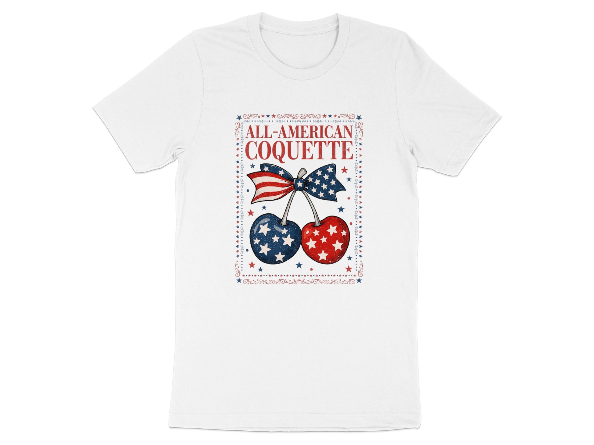 White t-shirt with "All-American Coquette" and cherries with a bow.