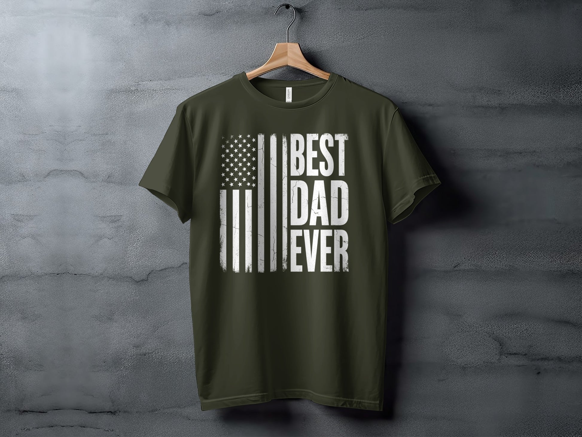 Olive green t-shirt with distressed American flag and "BEST DAD EVER" text.