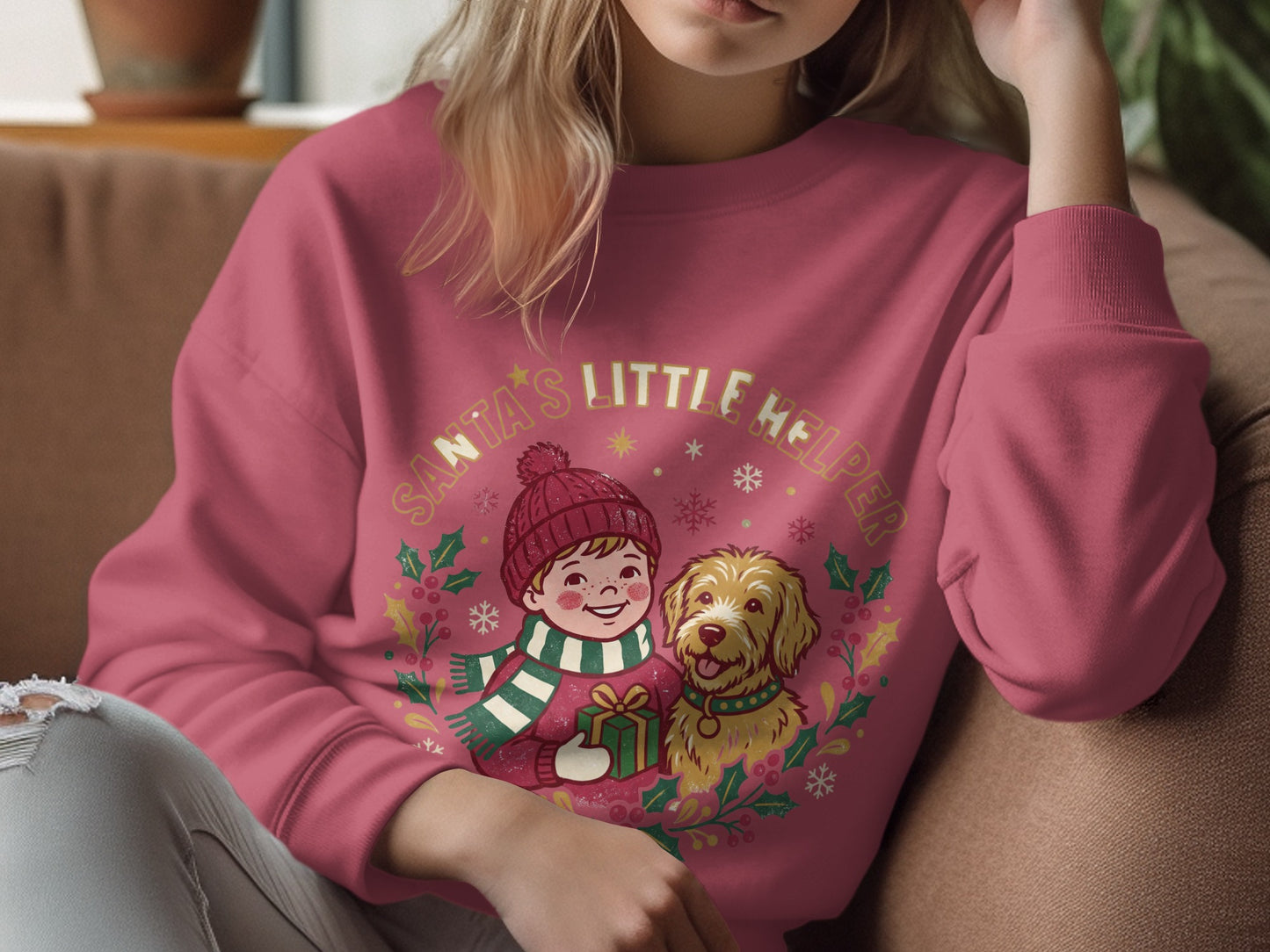 Crewneck sweatshirt with "Santa's Little Helper" text and holiday graphic.