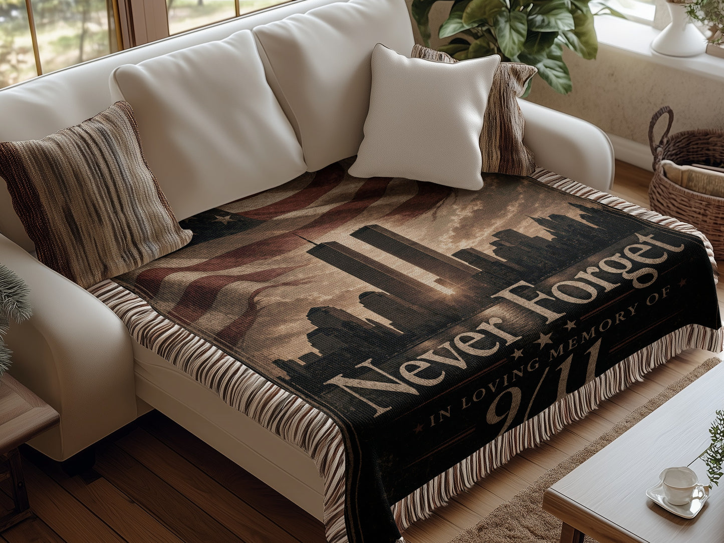 Tapestry with American flag, Twin Towers, city skyline, and text "Never Forget 9/11".