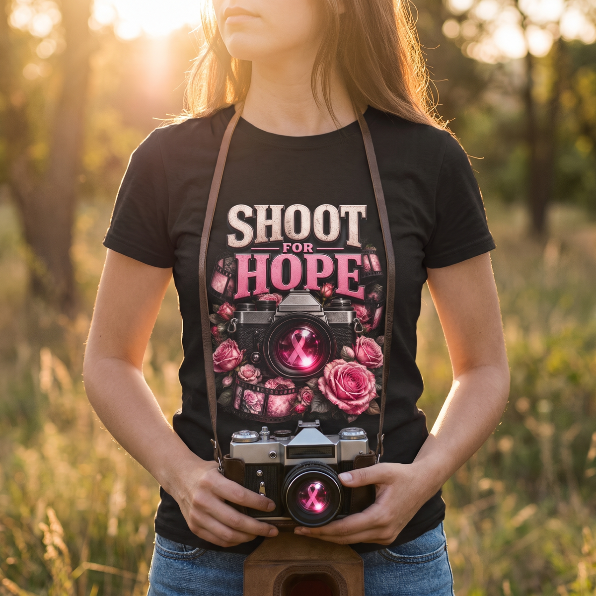 Photographer wearing the Shoot for Hope breast cancer awareness t-shirt at golden hour