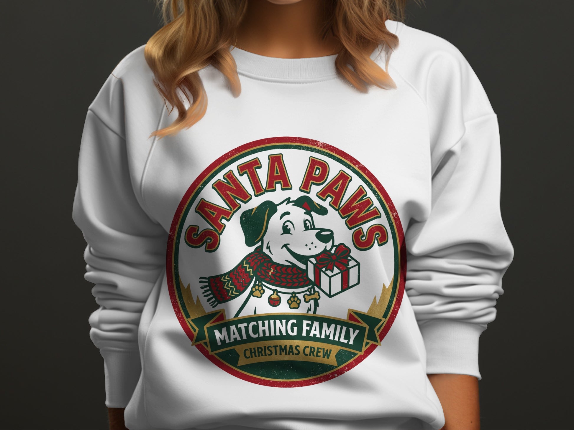 White sweatshirt with "Santa Paws Matching Family Christmas Crew" logo featuring a dog.