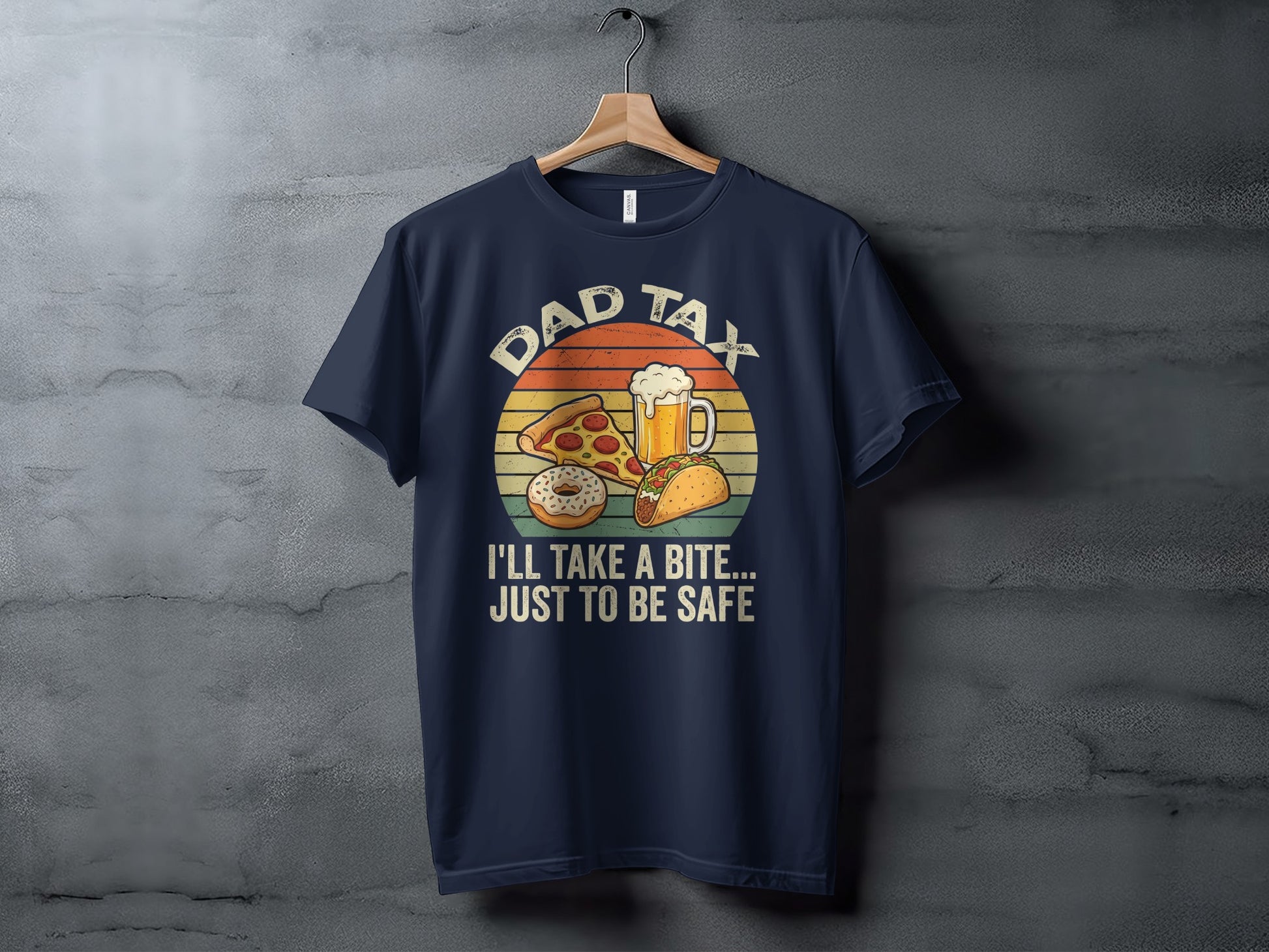 Dad Tax pizza, donut, taco, and beer graphic t-shirt.