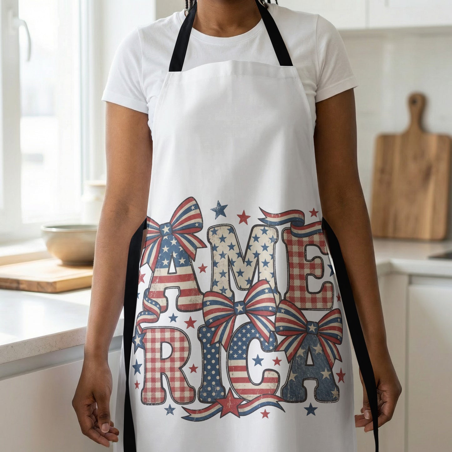White apron with "AMERICA" text in patriotic distressed fonts and patterns.