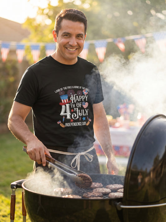 Lifestyle photo of man wearing Red, White & Grill 4th of July T-Shirt