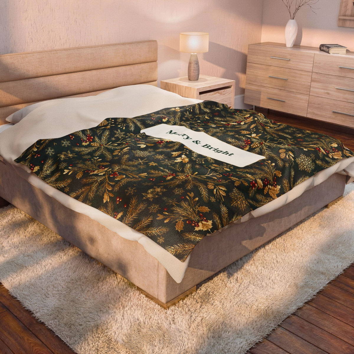 Merry & Bright | Evergreen Gold Velveteen Plush Blanket