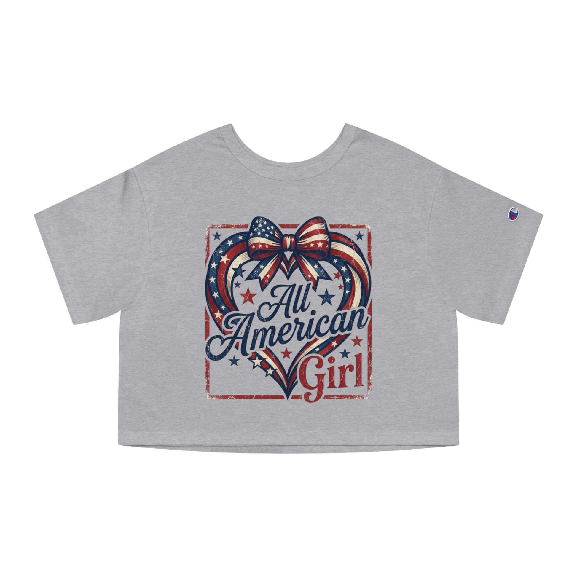Grey crop top with "All American Girl" text and patriotic heart graphic.
