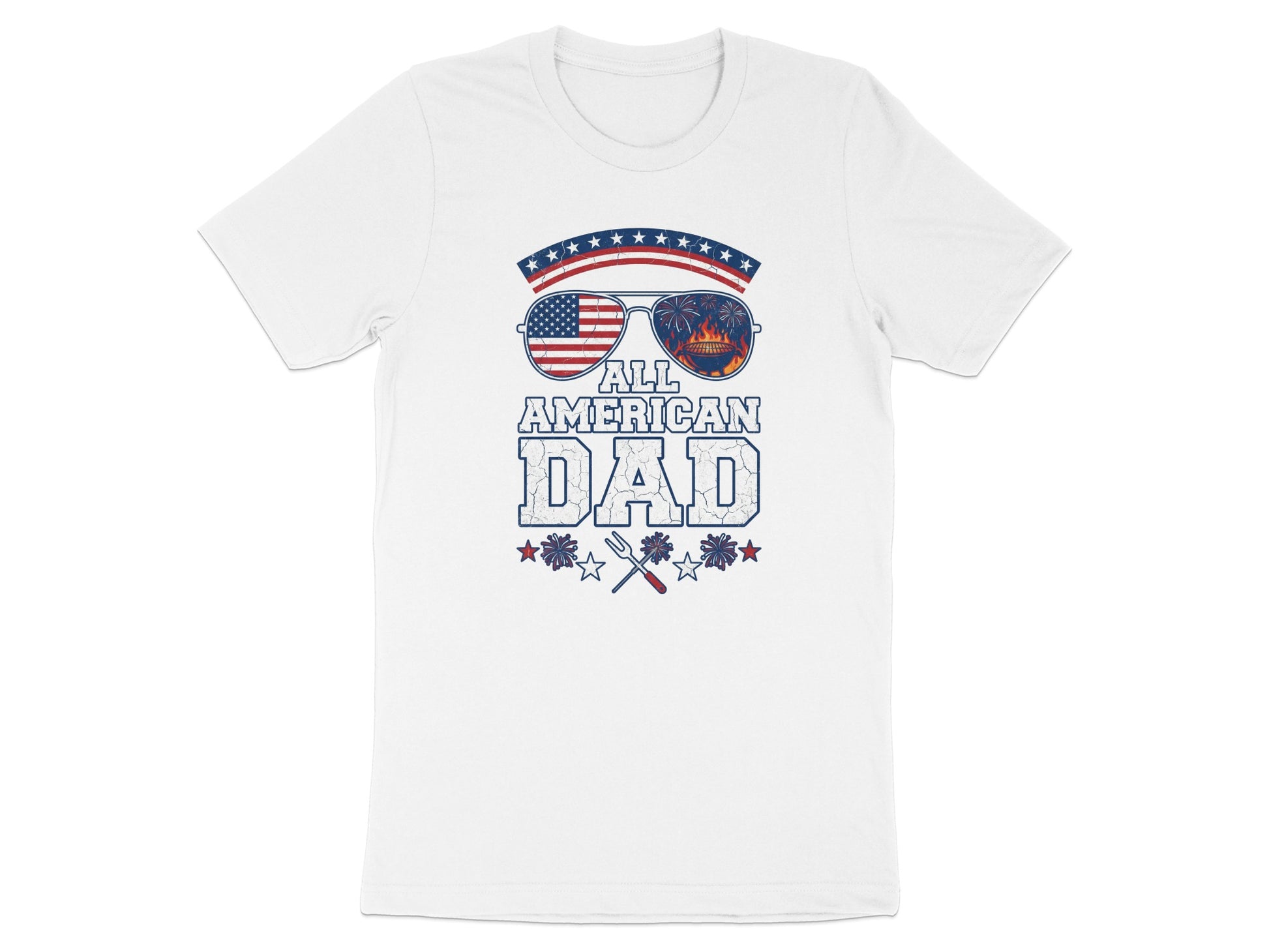 White t-shirt with "All American Dad" graphic featuring sunglasses and barbecue tools.
