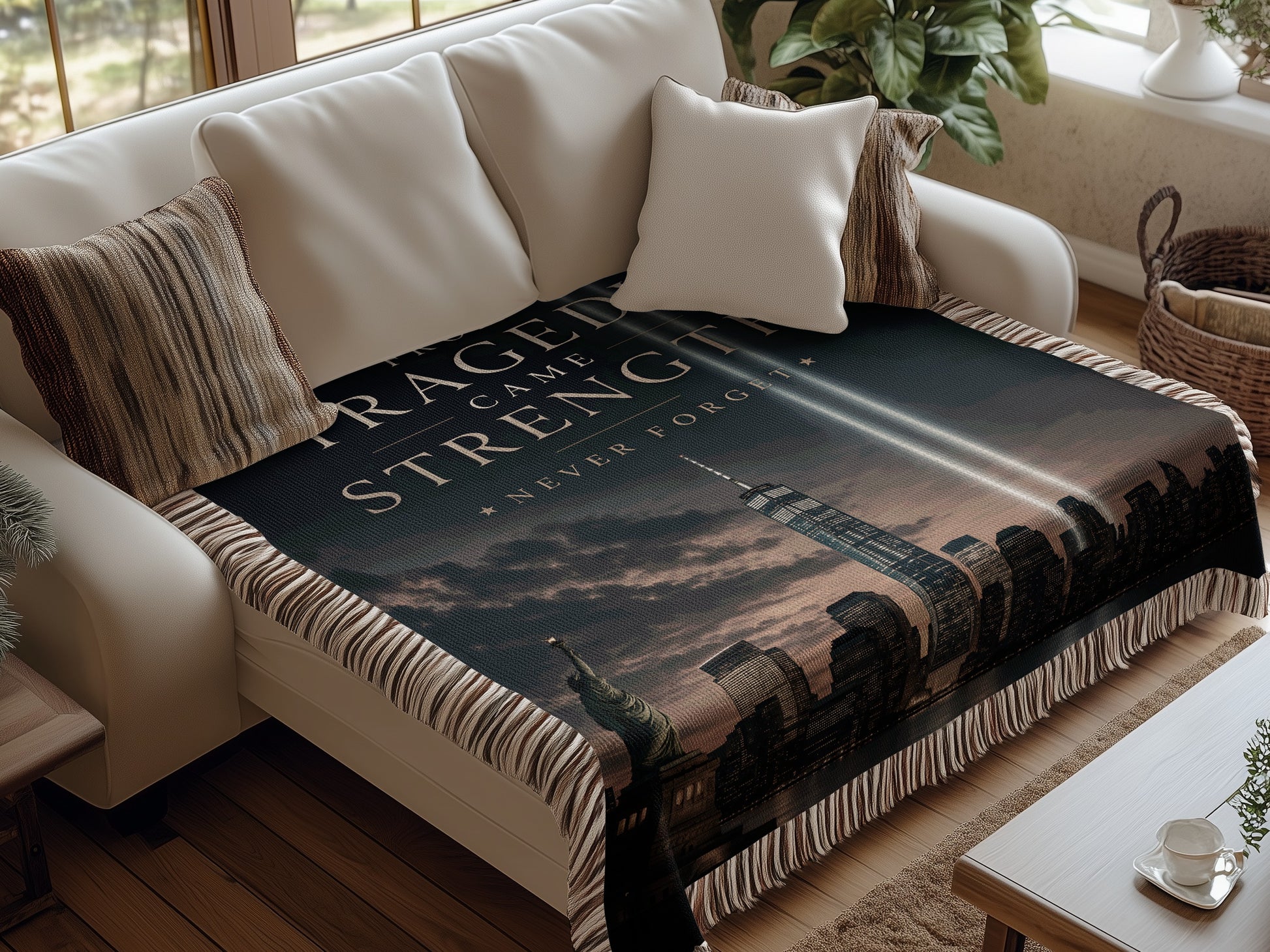 Tribute blanket with 9/11 skyline, Statue of Liberty, and "Never Forget" text.