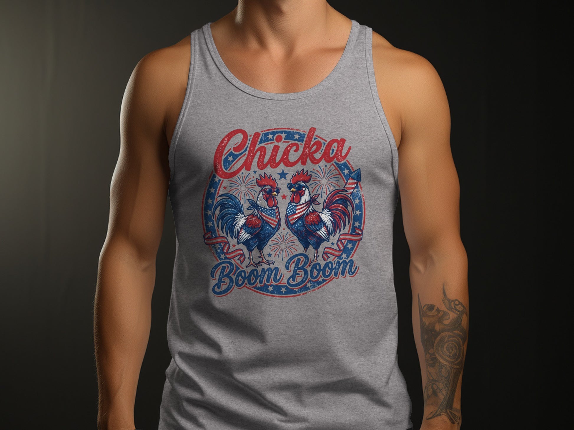 Grey tank top with "Chicka Boom Boom" and two roosters in patriotic attire.