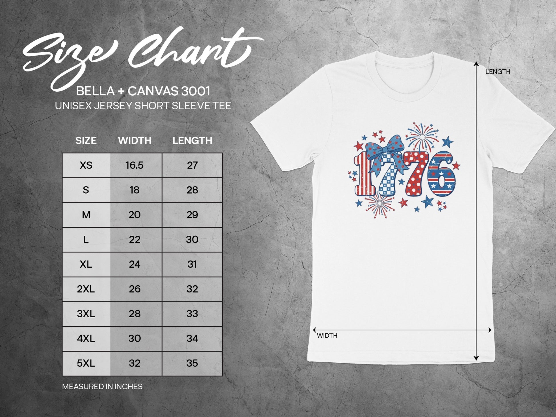 Size chart for Bella + Canvas 3001 unisex t-shirt with measurements.