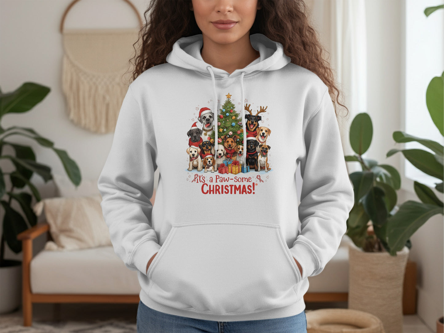Holiday Hoodie With Cute Dogs and Christmas Tree Design