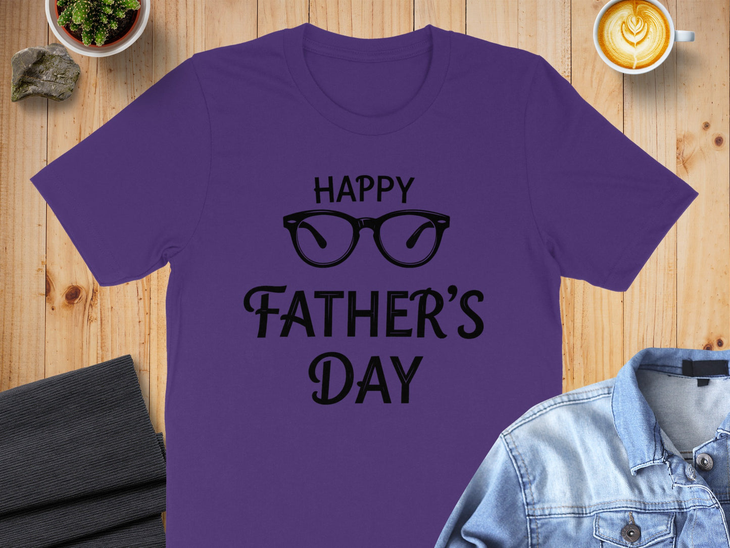 Purple t-shirt with "Happy Father's Day" text and glasses graphic.