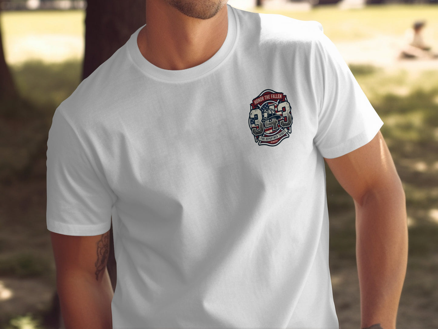 White t-shirt with "343 Honor the Fallen Fire Department Tribute" emblem.