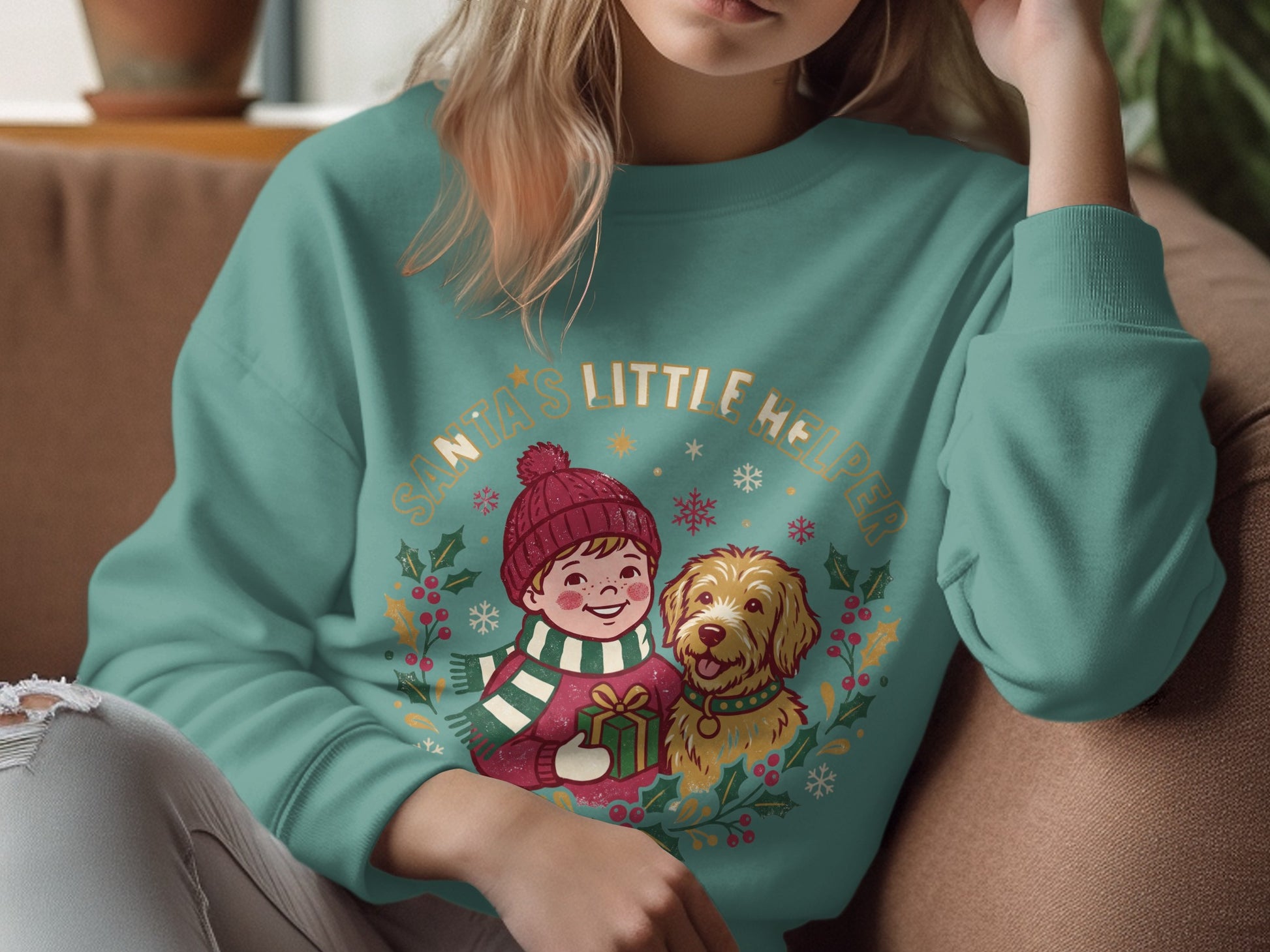 Sweatshirt with graphic of a child and dog wearing festive attire, "Santa's Little Helper" text.