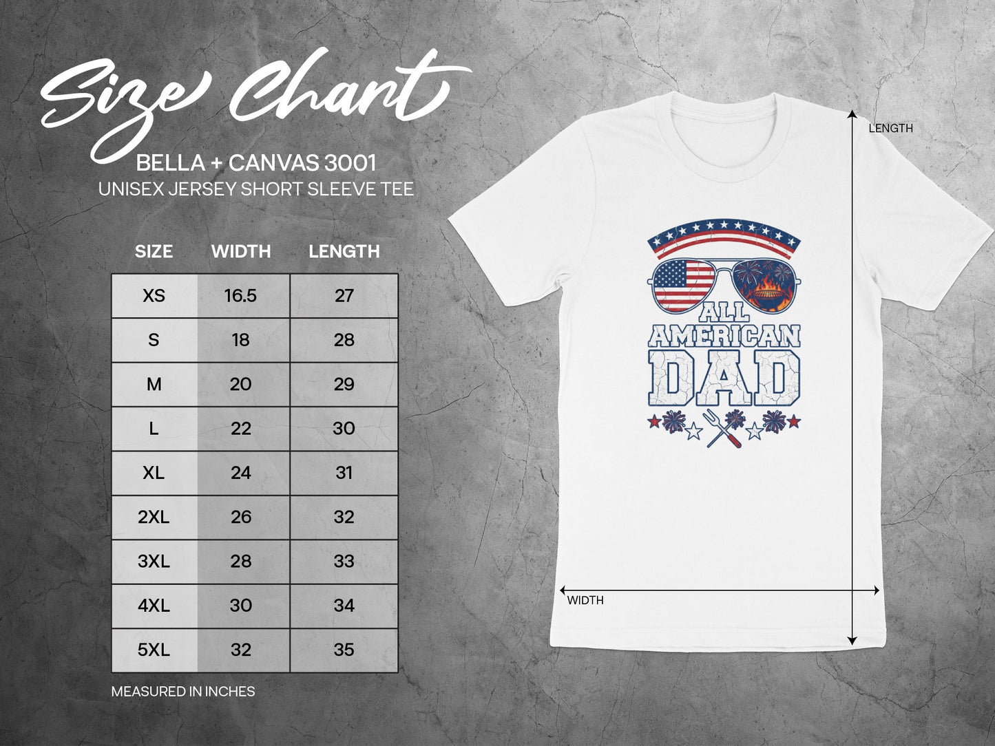 Size chart for Bella + Canvas 3001 unisex t-shirt with dimensions.