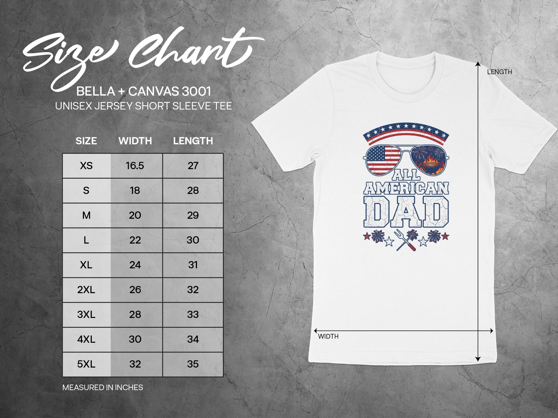 Size chart for Bella + Canvas 3001 unisex t-shirt with dimensions.