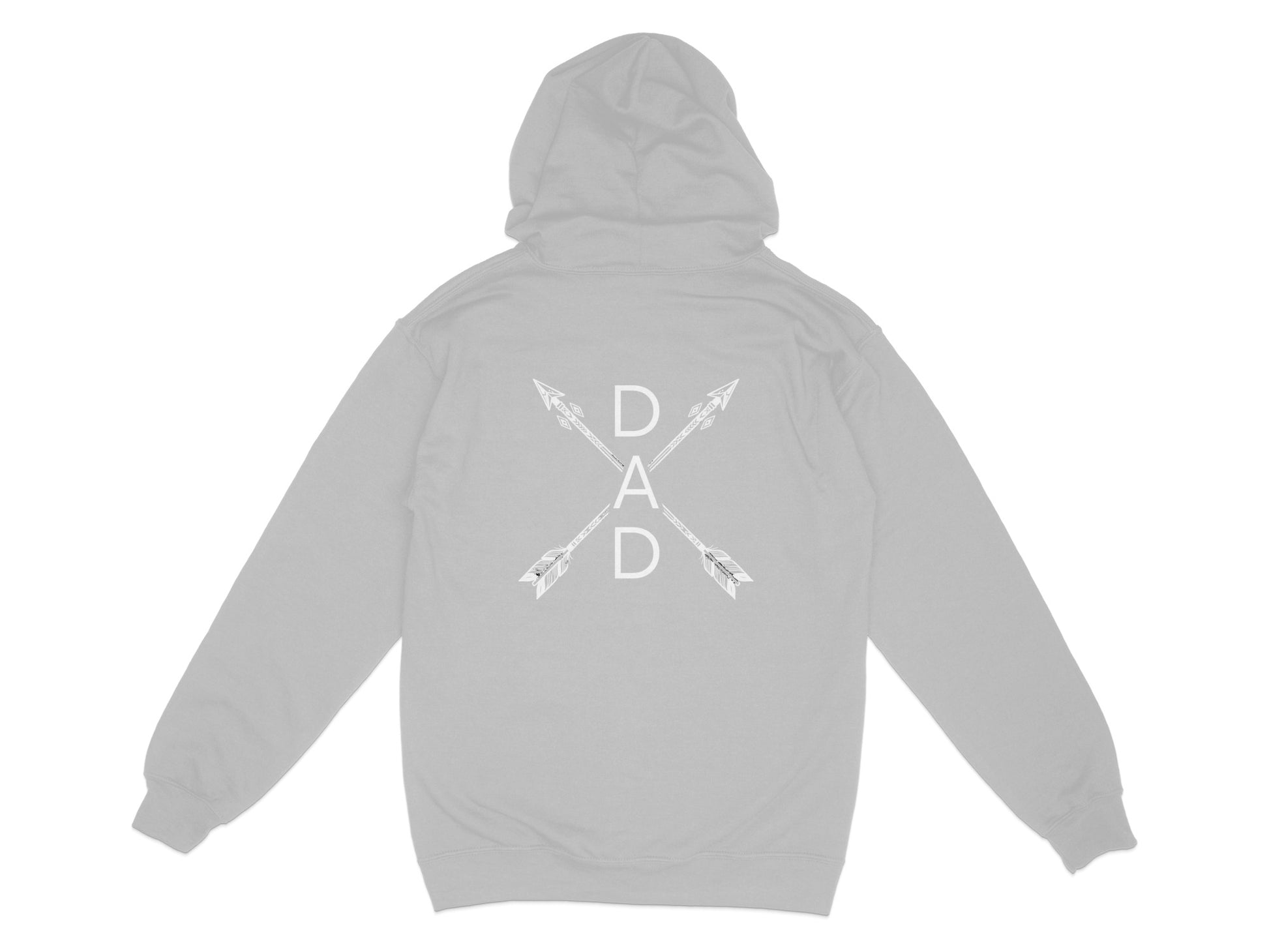 Gray hoodie with white crossed arrows and "DAD" text on the back.