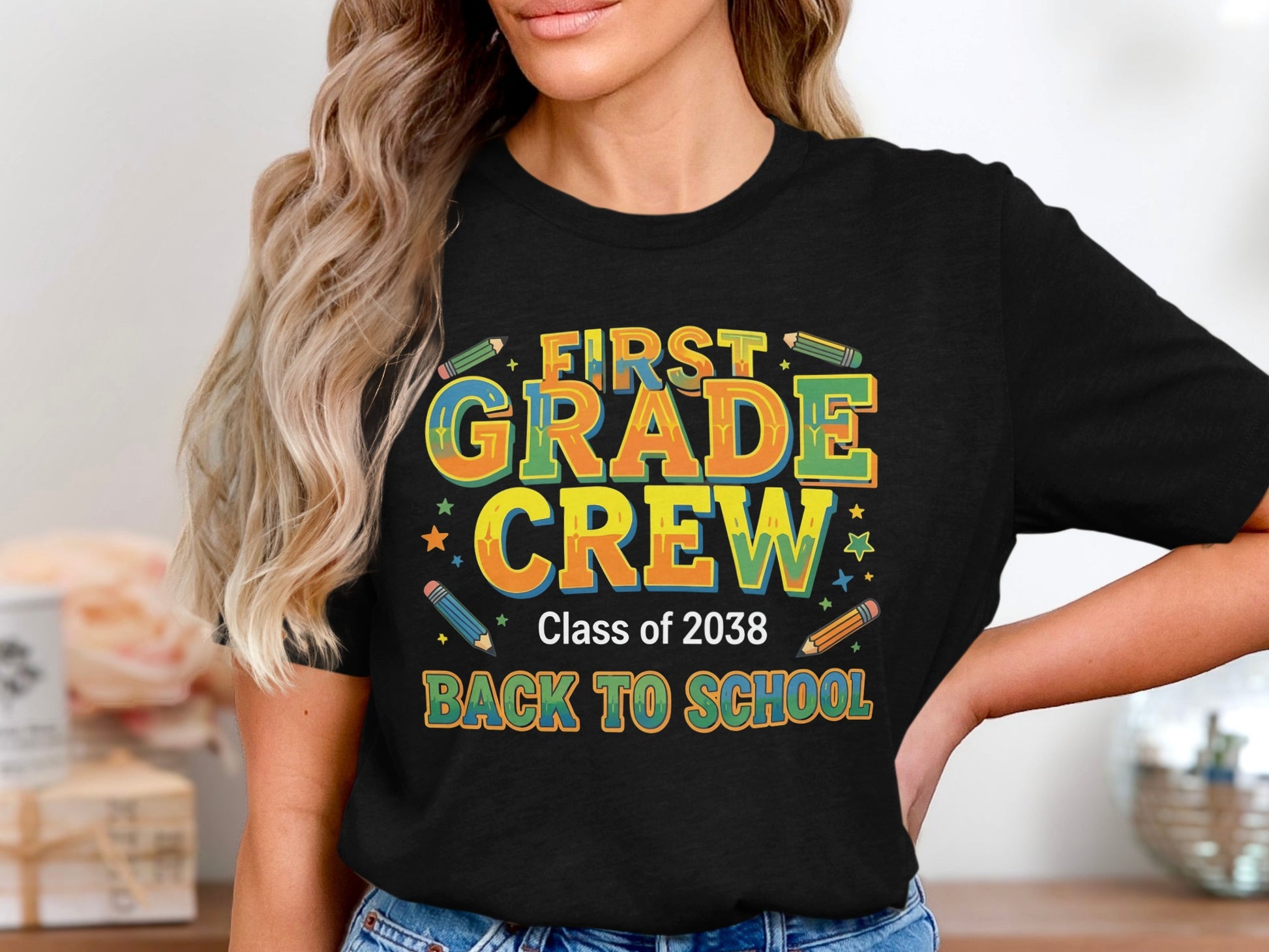 Black t-shirt with "First Grade Crew Class of 2038 Back to School" text.