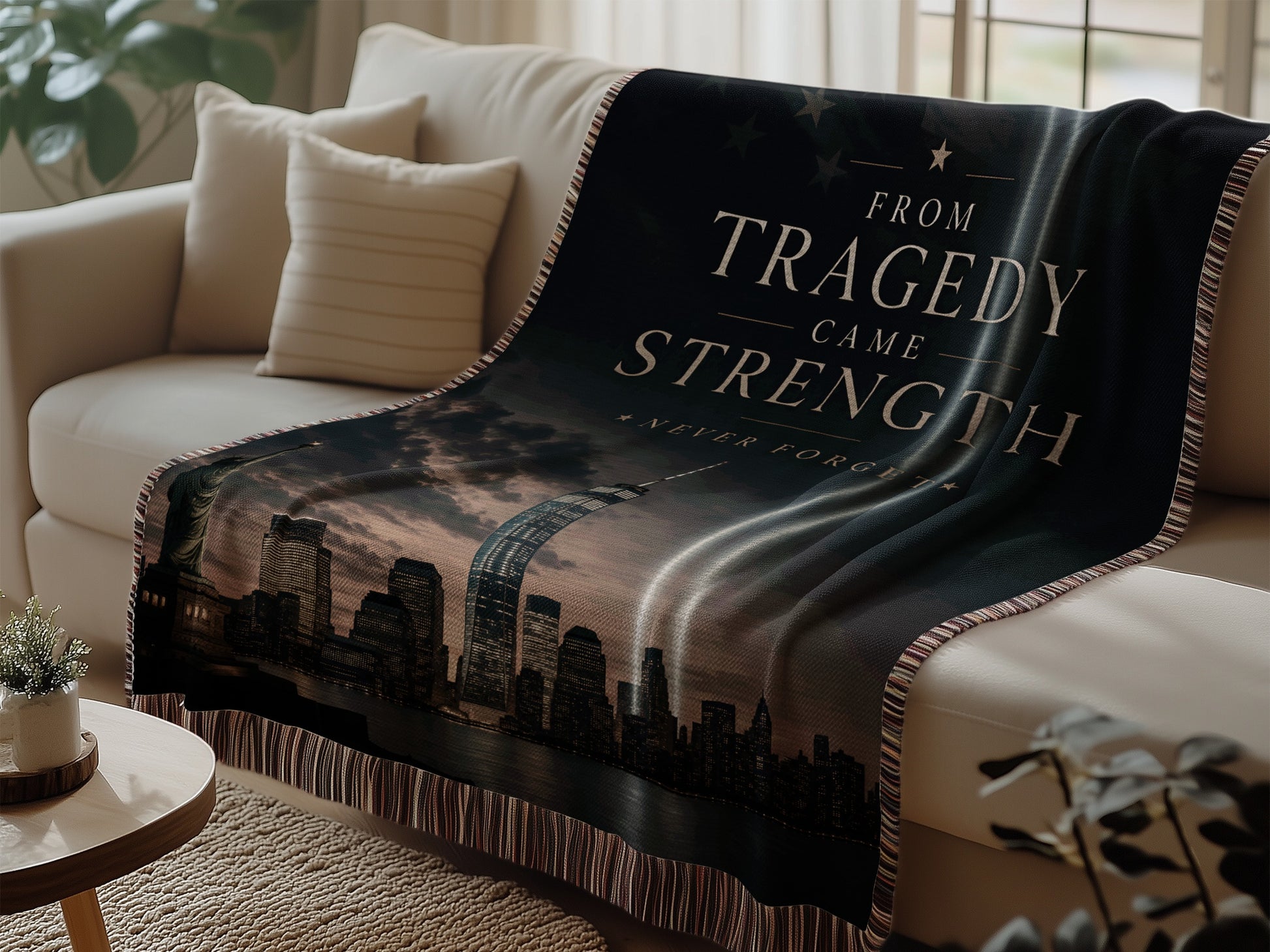 New York City skyline and text "FROM TRAGEDY CAME STRENGTH NEVER FORGET".